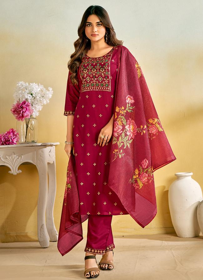 Rayon Red Traditional Wear Embroidery Work Readymade Kurti Set